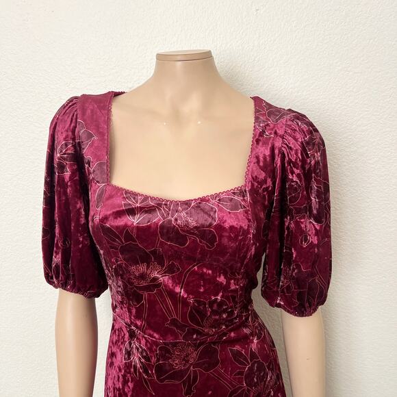[Rachel Parcell] Maroon Floral Velvet Puff Sleeve Ruffle Mini Dress NWT Size 10 - Picture 5 of 12